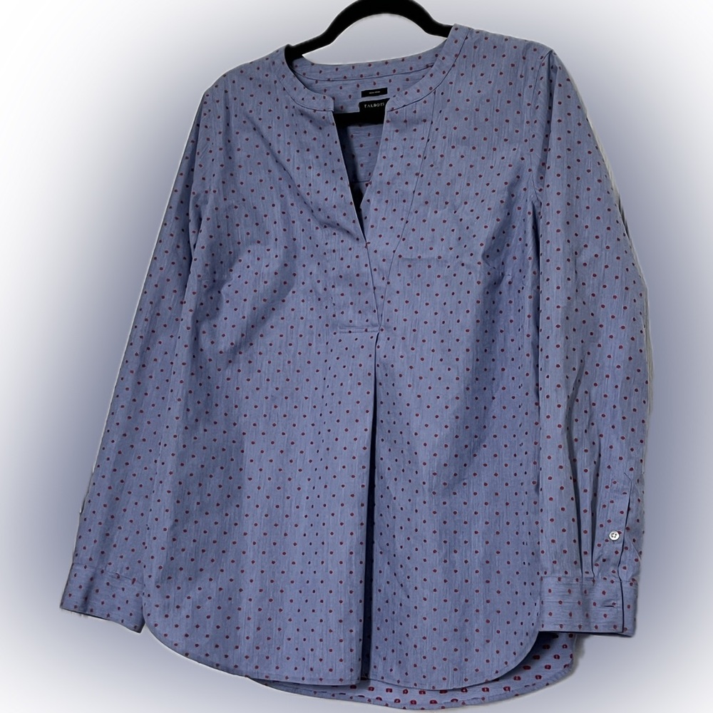 Talbots Non-Iron Polka Dot Split Neck Blouse Light Blue Red Size Medium